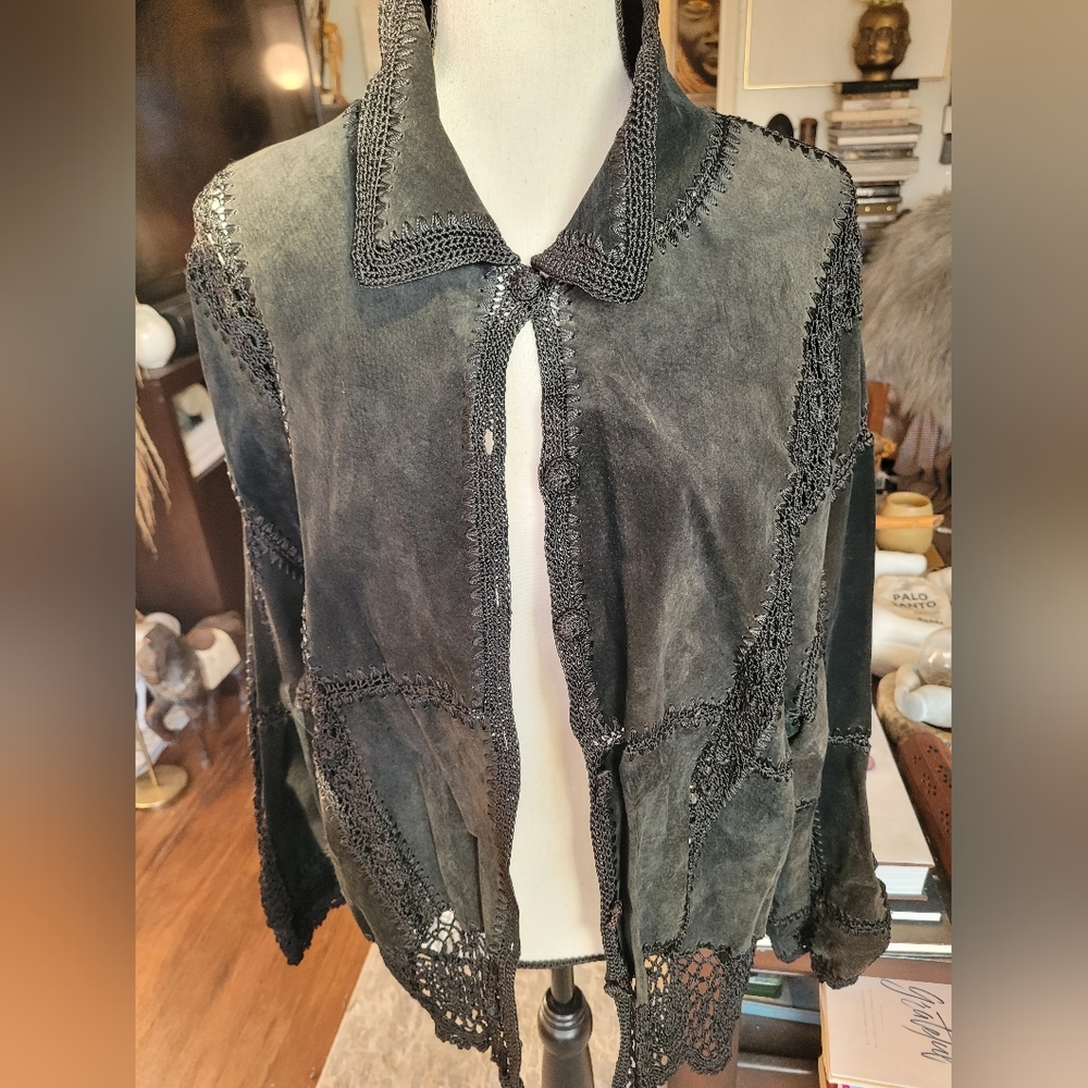 Vintage Ashley Stewart Black Lace-Accented Leather Jacket Western